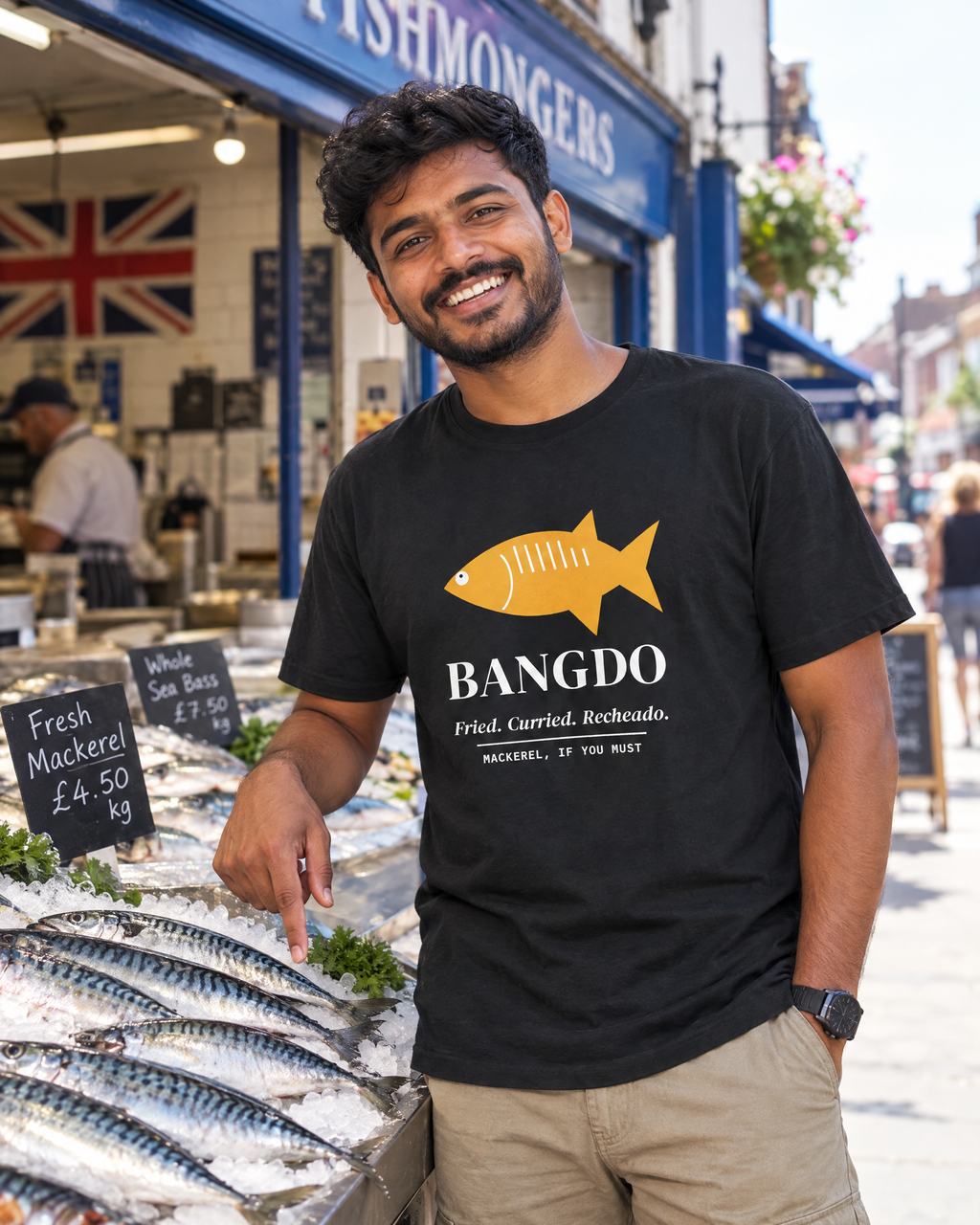 Lifestyle image (AI-generated illustration): man wearing the Bangdo Tee in Black at a fishmonger