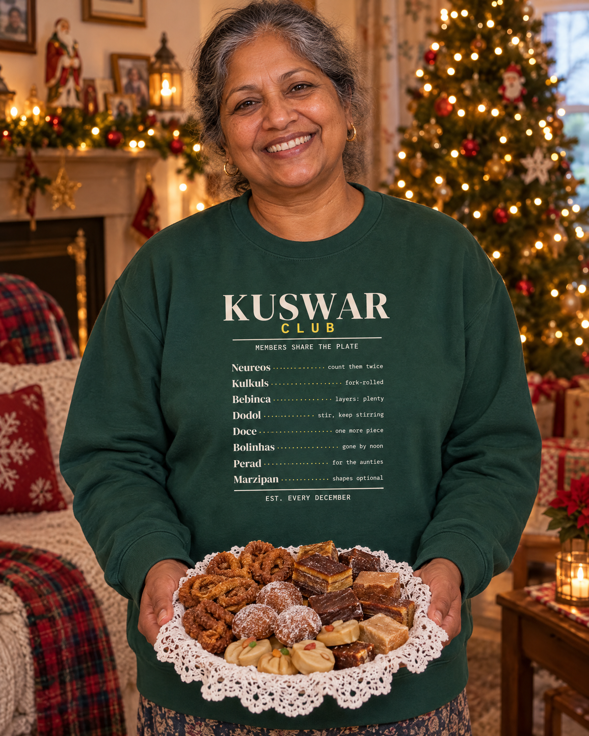 Lifestyle image (AI-generated illustration): woman wearing the Kuswar Club Sweatshirt in Bottle Green, holding a plate of Christmas sweets